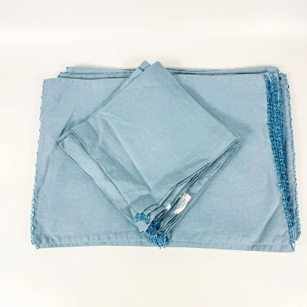Pottery Barn Light Blue 100% Linen Beaded Placemats & Napkins Set Of 10